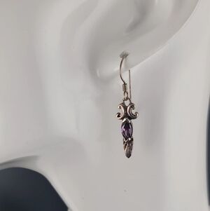 Antique Silver Dangle Earrings Marquise-cut Purple Amethyst Marked